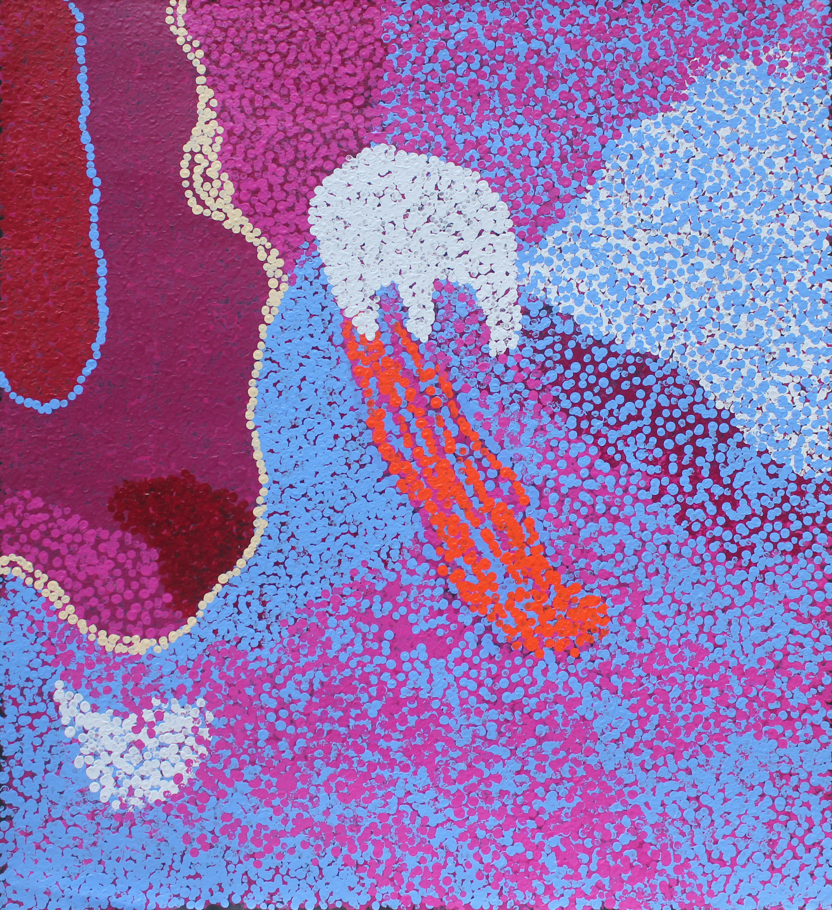Arte aborígene artista Tommy Watson 1935. Nome da obra Sem Título 2014. Técnica Tinta acrílica sobre linho belga 1